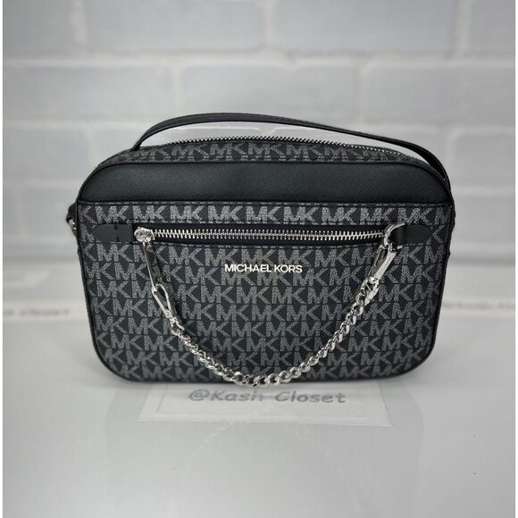 Michael Kors crossbody bag large chain zip purse MK signature black silver - Picture 1 of 10